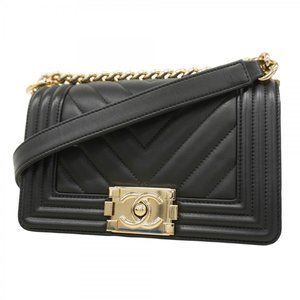 Chanel Shoulder Bag Boy Chain Lambskin Black Champagne Women's